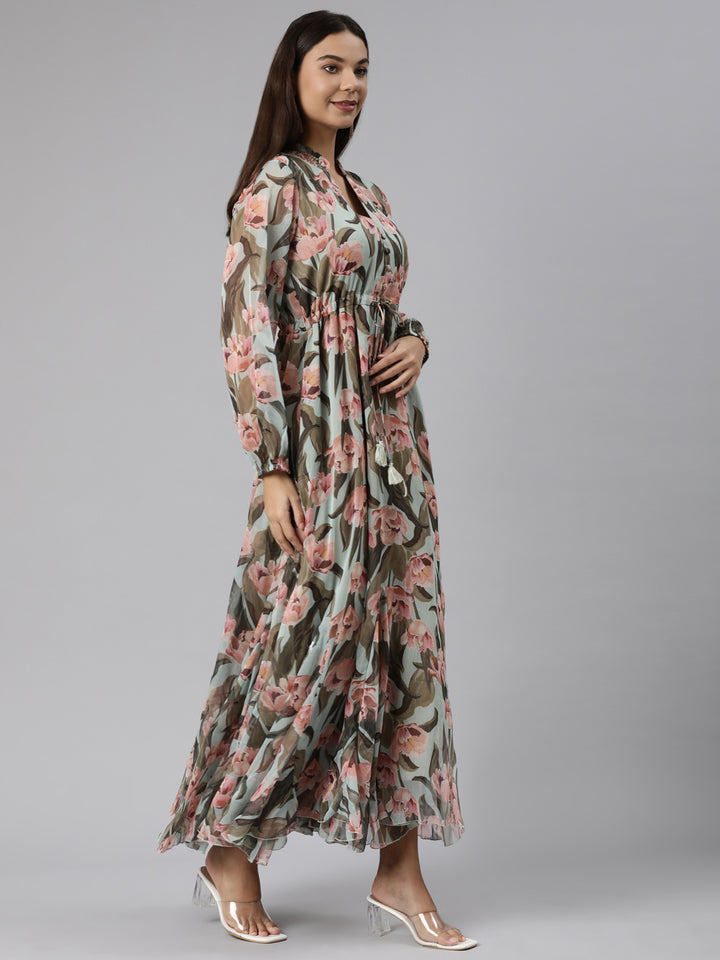 Neerus Sea Green Flared Casual Floral Dresses