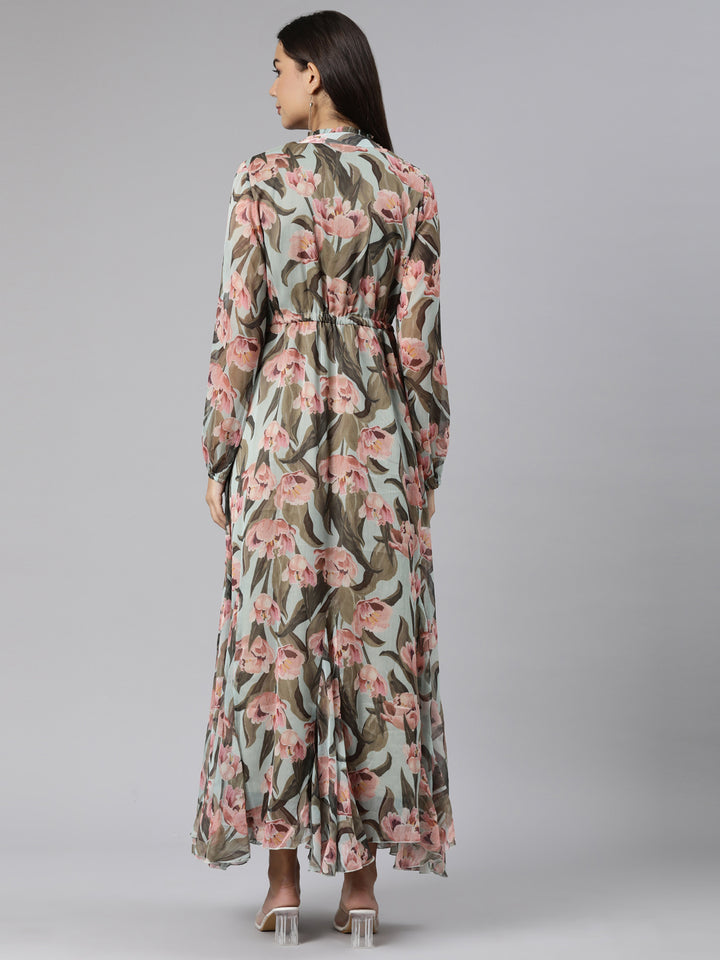 Neerus Sea Green Flared Casual Floral Dresses