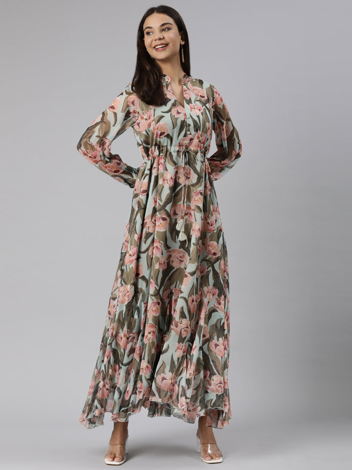 Neerus Sea Green Flared Casual Floral Dresses