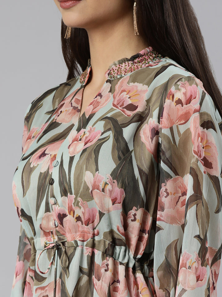 Neerus Sea Green Flared Casual Floral Dresses