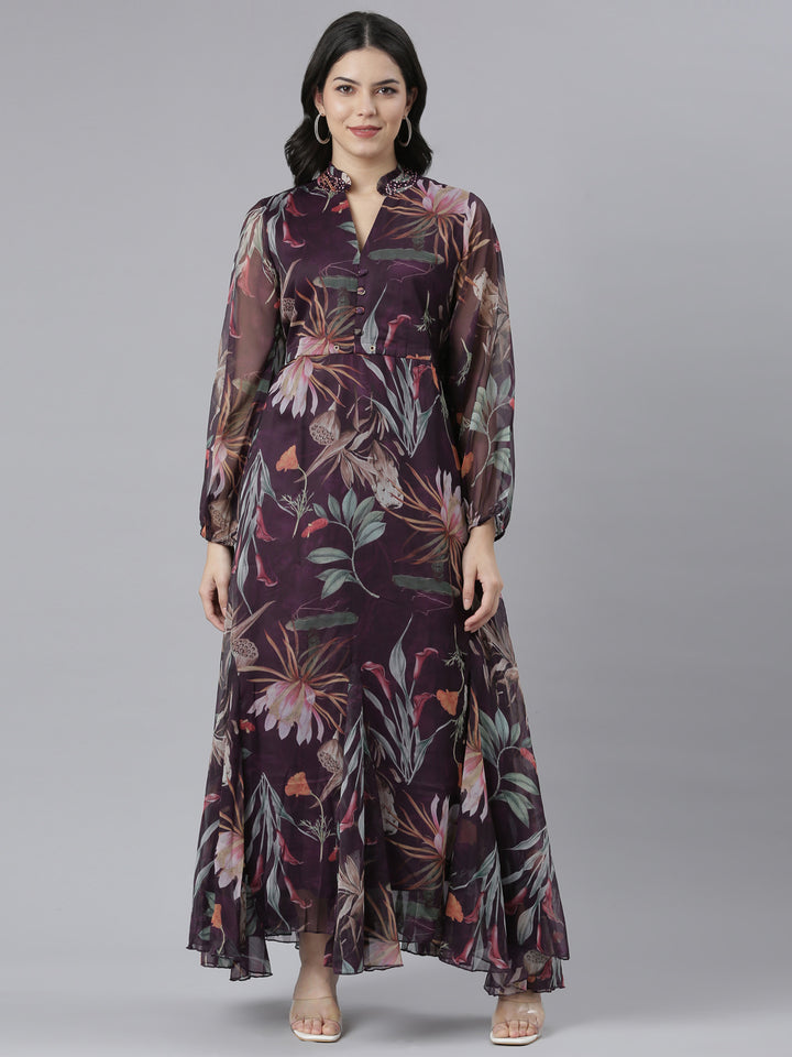 Neerus Purple Flared Casual Floral Dresses