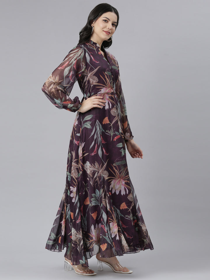 Neerus Purple Flared Casual Floral Dresses