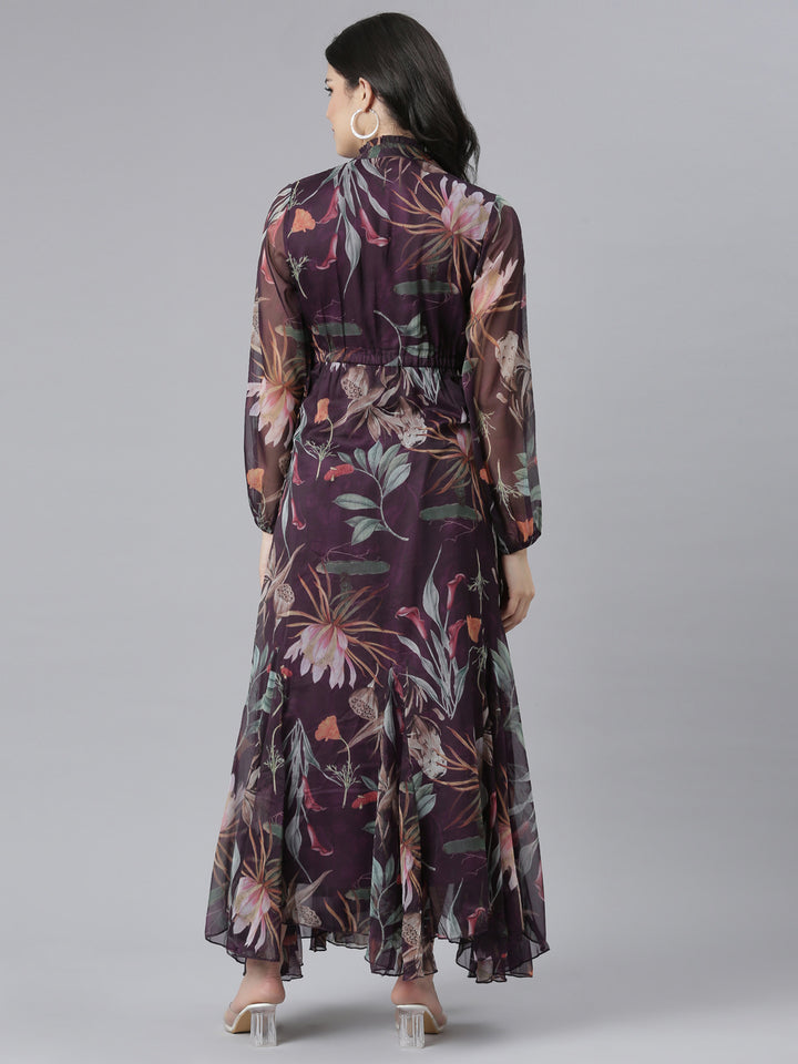 Neerus Purple Flared Casual Floral Dresses