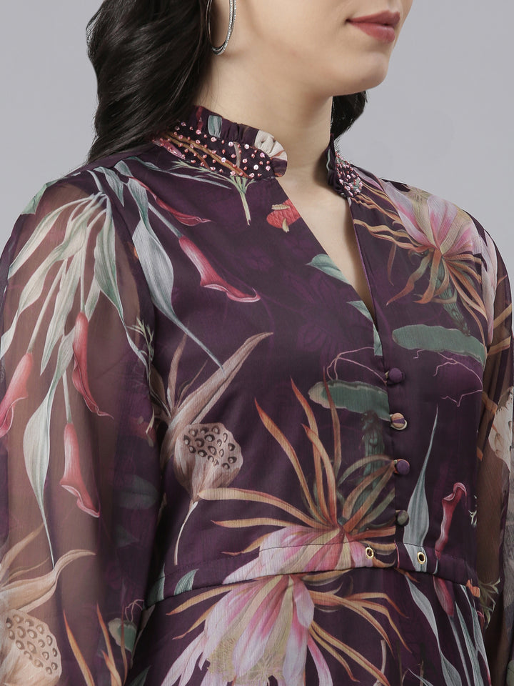 Neerus Purple Flared Casual Floral Dresses