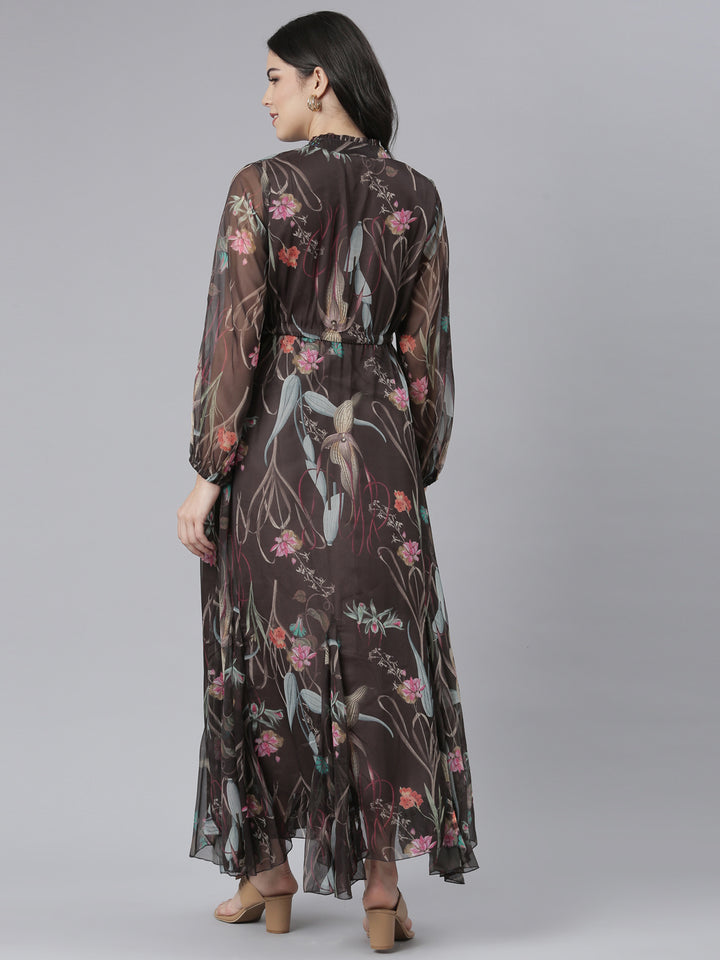 Neerus Grey Flared Casual Floral Dresses