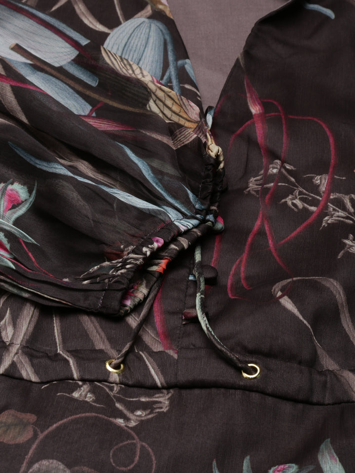 Neerus Grey Flared Casual Floral Dresses