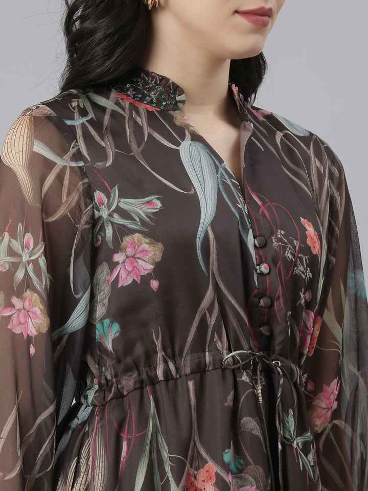 Neerus Grey Flared Casual Floral Dresses