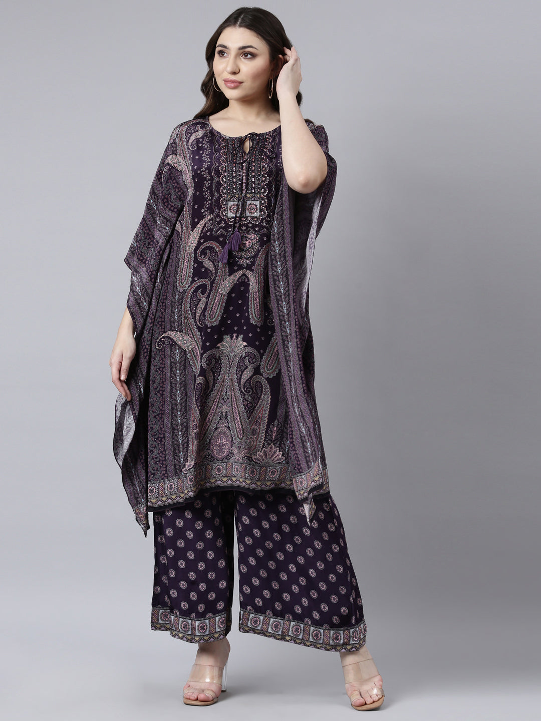 Neerus Purple silk printed kurta set with palazzo - front view
