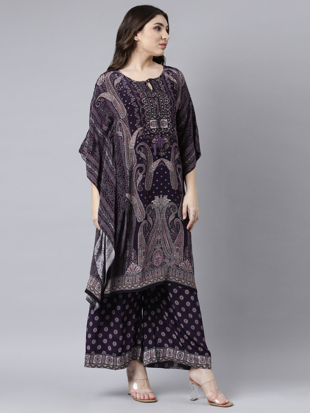 Neerus Purple silk printed kurta set with palazzo - back view