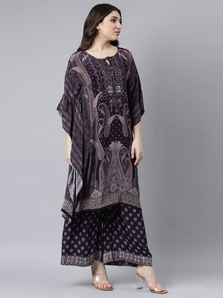 Neerus Purple silk printed kurta set with palazzo - back view
