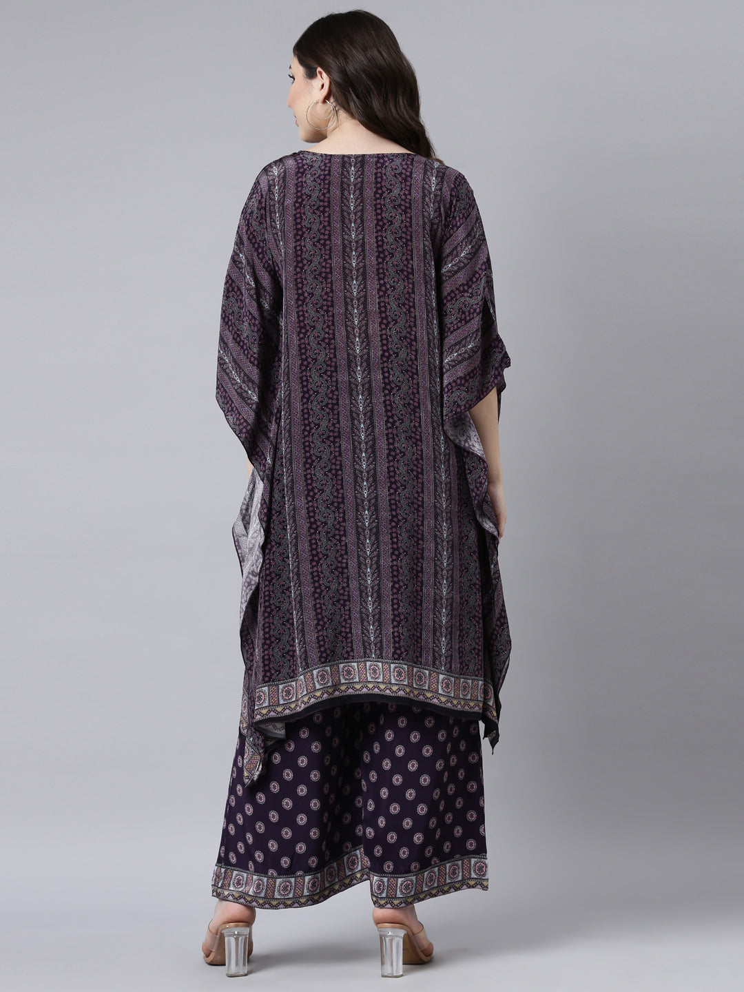 Neerus Purple silk printed kurta set with palazzo - side view