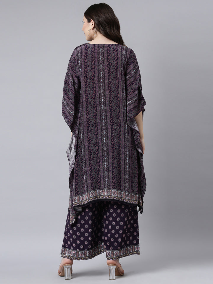 Neerus Purple silk printed kurta set with palazzo - side view