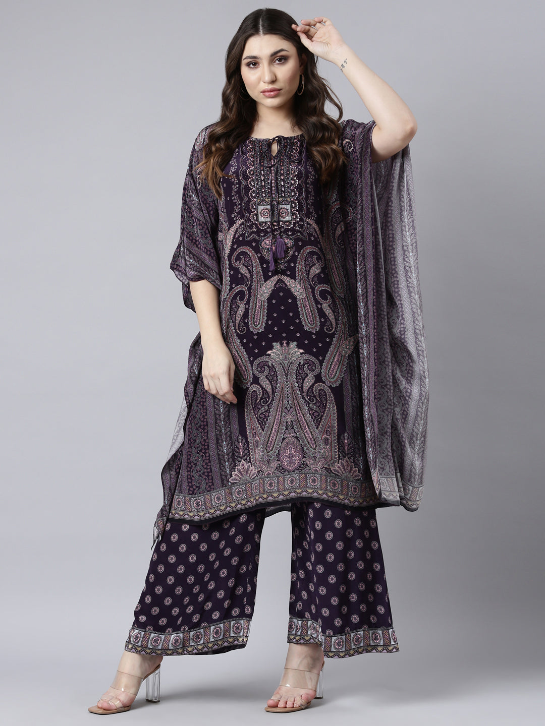 Neerus Purple silk printed kurta set with palazzo - detail view 2