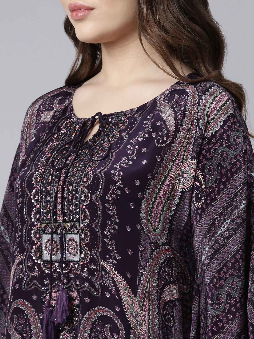 Neerus Purple silk printed kurta set with palazzo - detail view 1