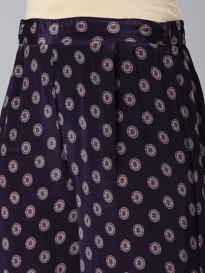 Neerus Purple silk printed kurta set with palazzo - detail view 3