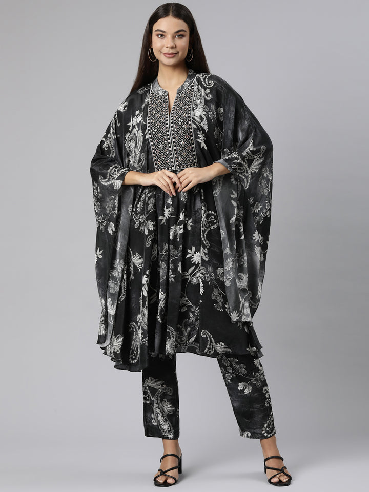 Neerus Grey Regular High-Low Floral Kaftan Kurta Trousers