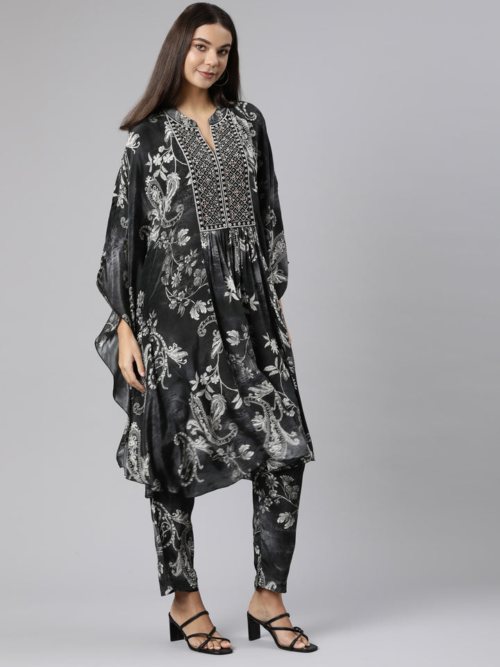 Neerus Grey Regular High-Low Floral Kaftan Kurta Trousers