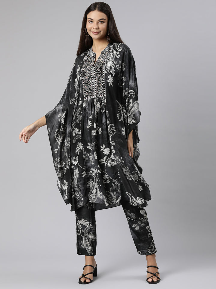 Neerus Grey Regular High-Low Floral Kaftan Kurta Trousers