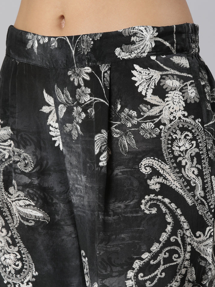 Neerus Grey Regular High-Low Floral Kaftan Kurta Trousers