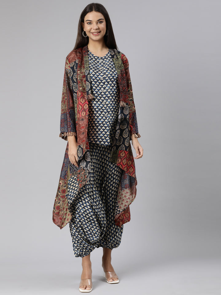 Neerus Multi Regular Straight Chevron Kurta And Veshti With Jacket