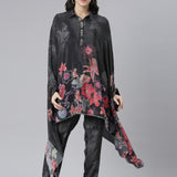 Neerus Black Regular High-Low Floral Kaftan Kurta Trousers