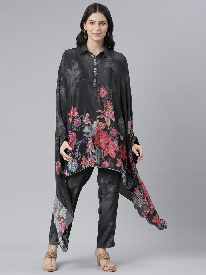 Neerus Black Regular High-Low Floral Kaftan Kurta Trousers