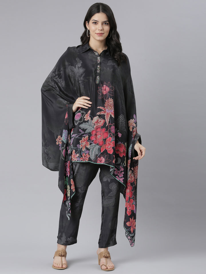 Neerus Black Regular High-Low Floral Kaftan Kurta Trousers