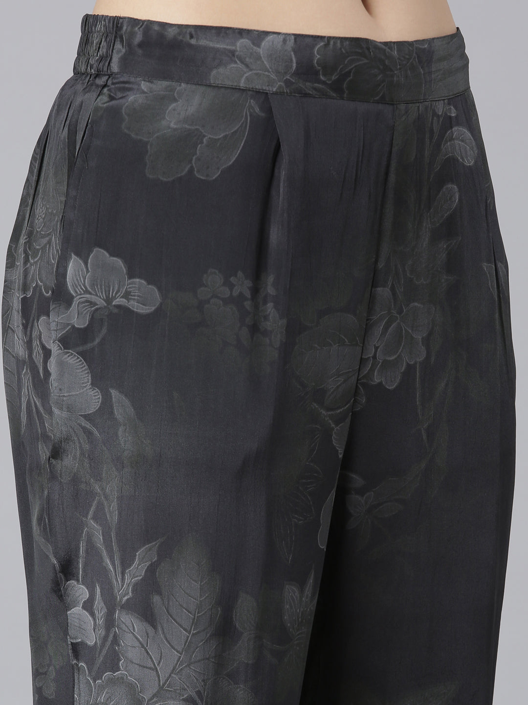 Neeru's Black Regular High-Low Floral Kaftan Kurta Trousers