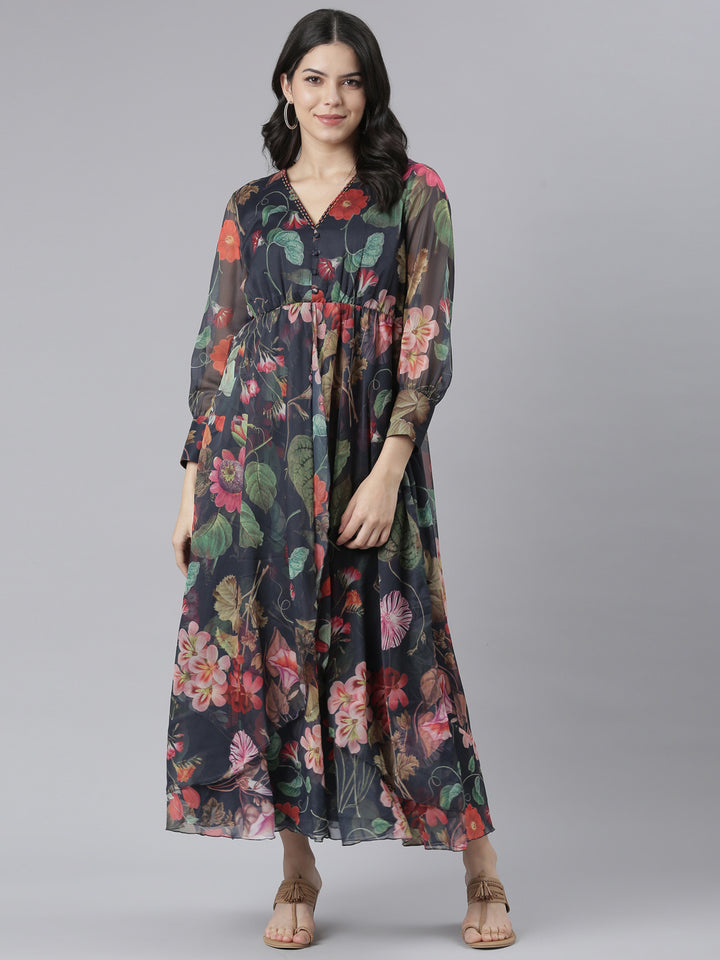 Neerus Navy Blue Flared Casual Floral Dresses