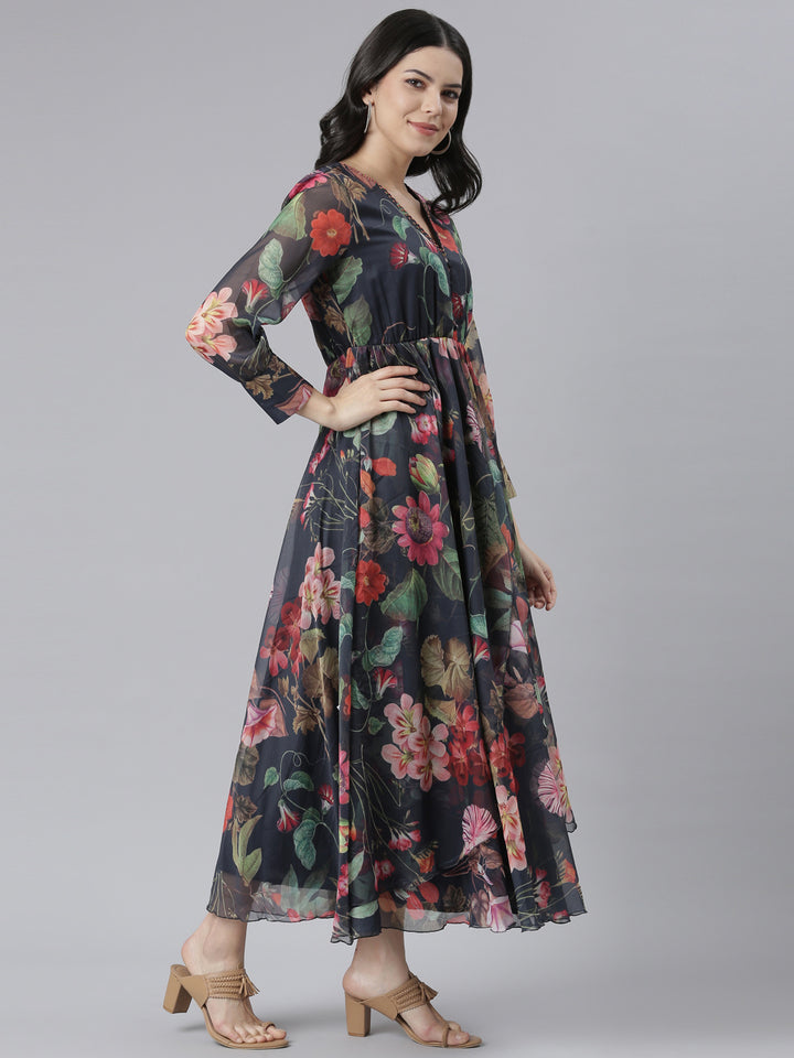 Neerus Navy Blue Flared Casual Floral Dresses
