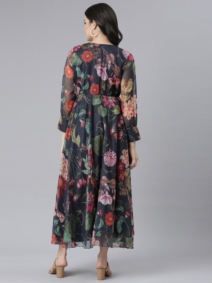 Neerus Navy Blue Flared Casual Floral Dresses