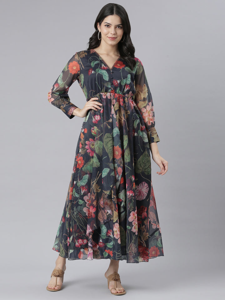 Neerus Navy Blue Flared Casual Floral Dresses