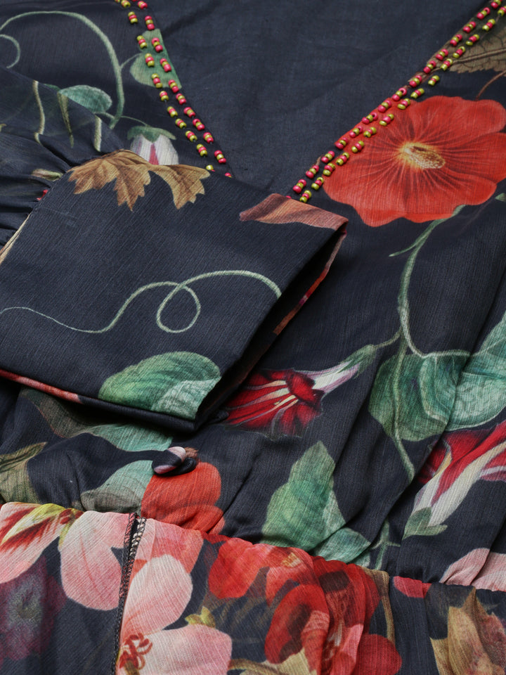 Neerus Navy Blue Flared Casual Floral Dresses