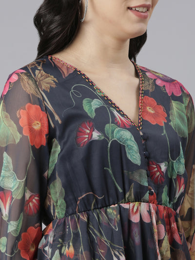 Neeru's Navy Blue Flared Casual Floral Dresses