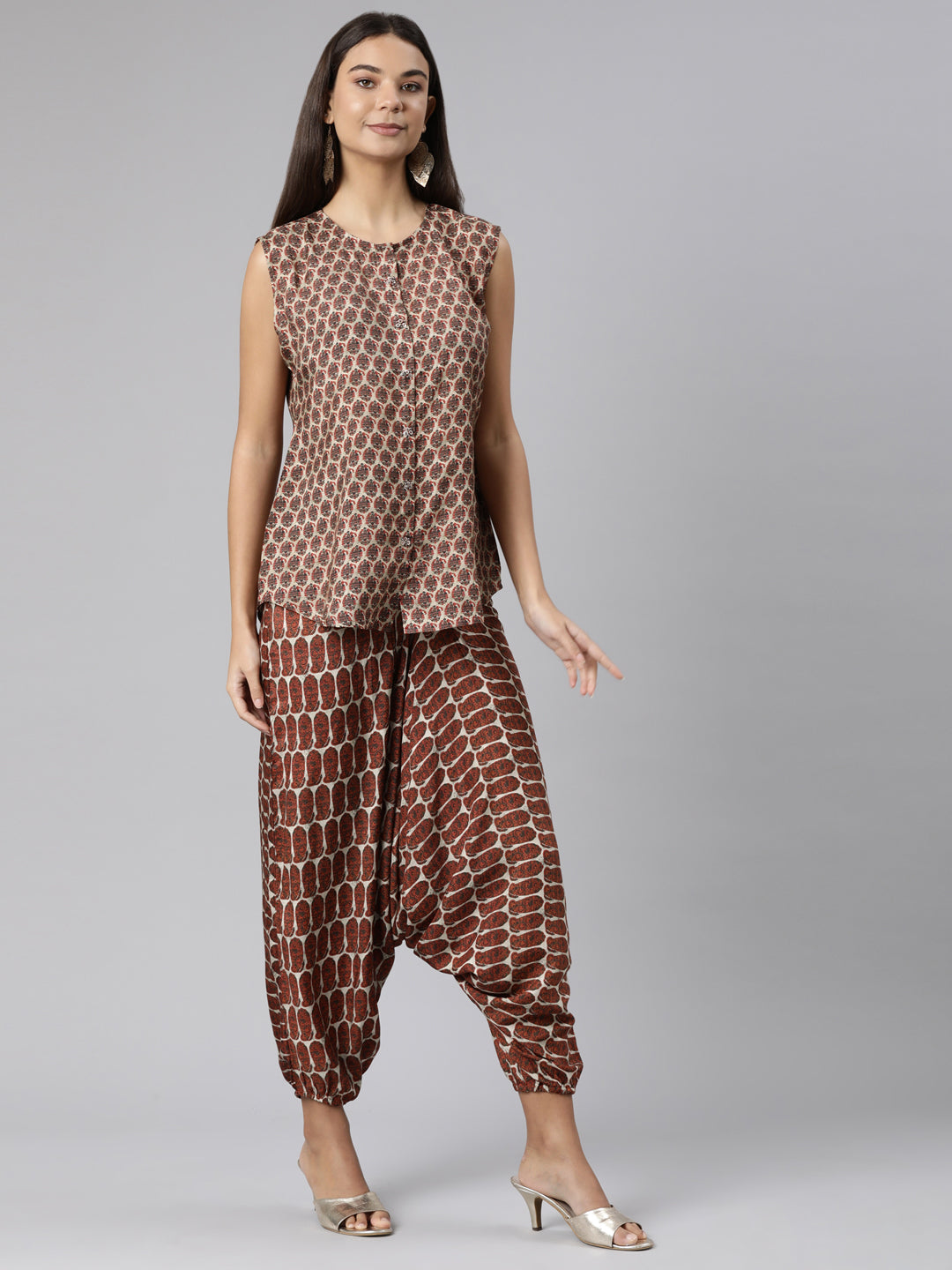 Neerus Brown Regular Straight Chevron Kurta And Veshti With Jacket