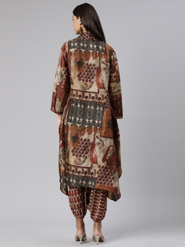 Neerus Brown Regular Straight Chevron Kurta And Veshti With Jacket