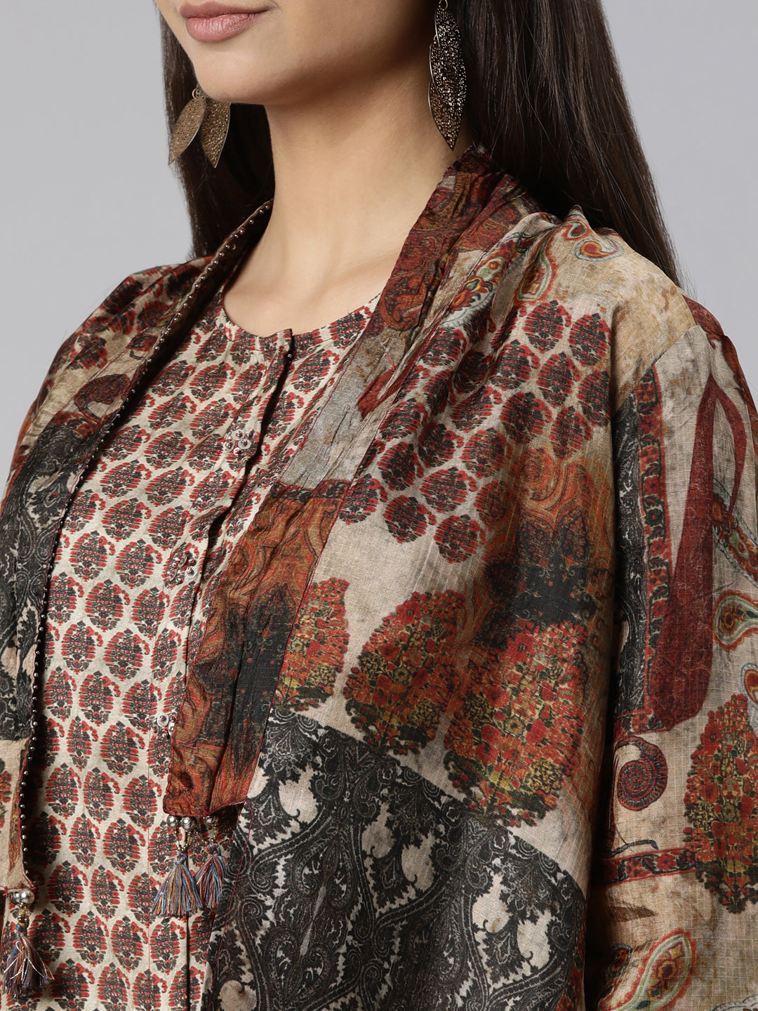 Neerus Brown Regular Straight Chevron Kurta And Veshti With Jacket