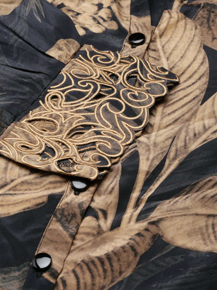 Neerus Black Regular Straight Abstract Top And Trousers