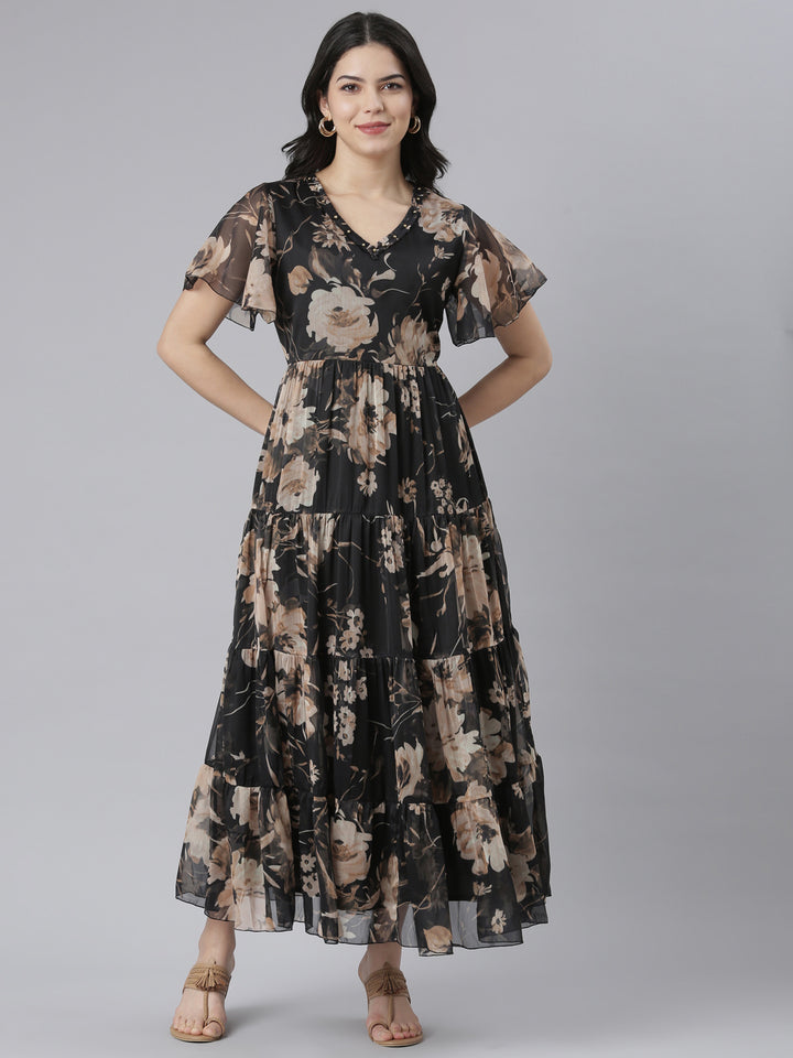 Neerus Black Flared Casual Floral Dresses