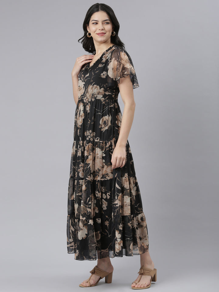 Neerus Black Flared Casual Floral Dresses