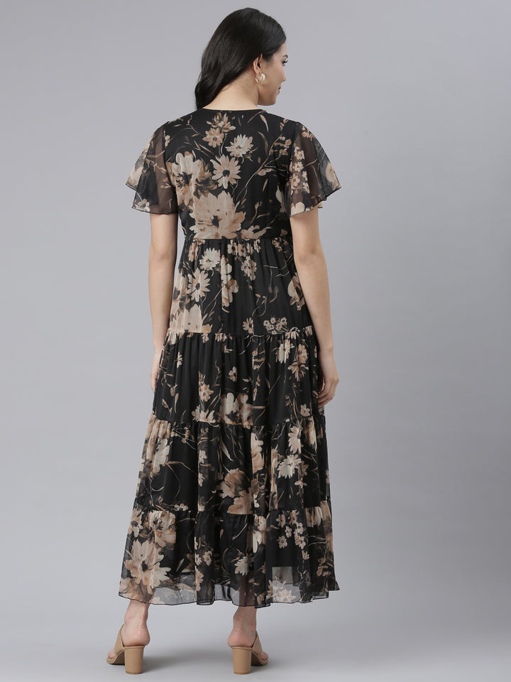 Neerus Black Flared Casual Floral Dresses