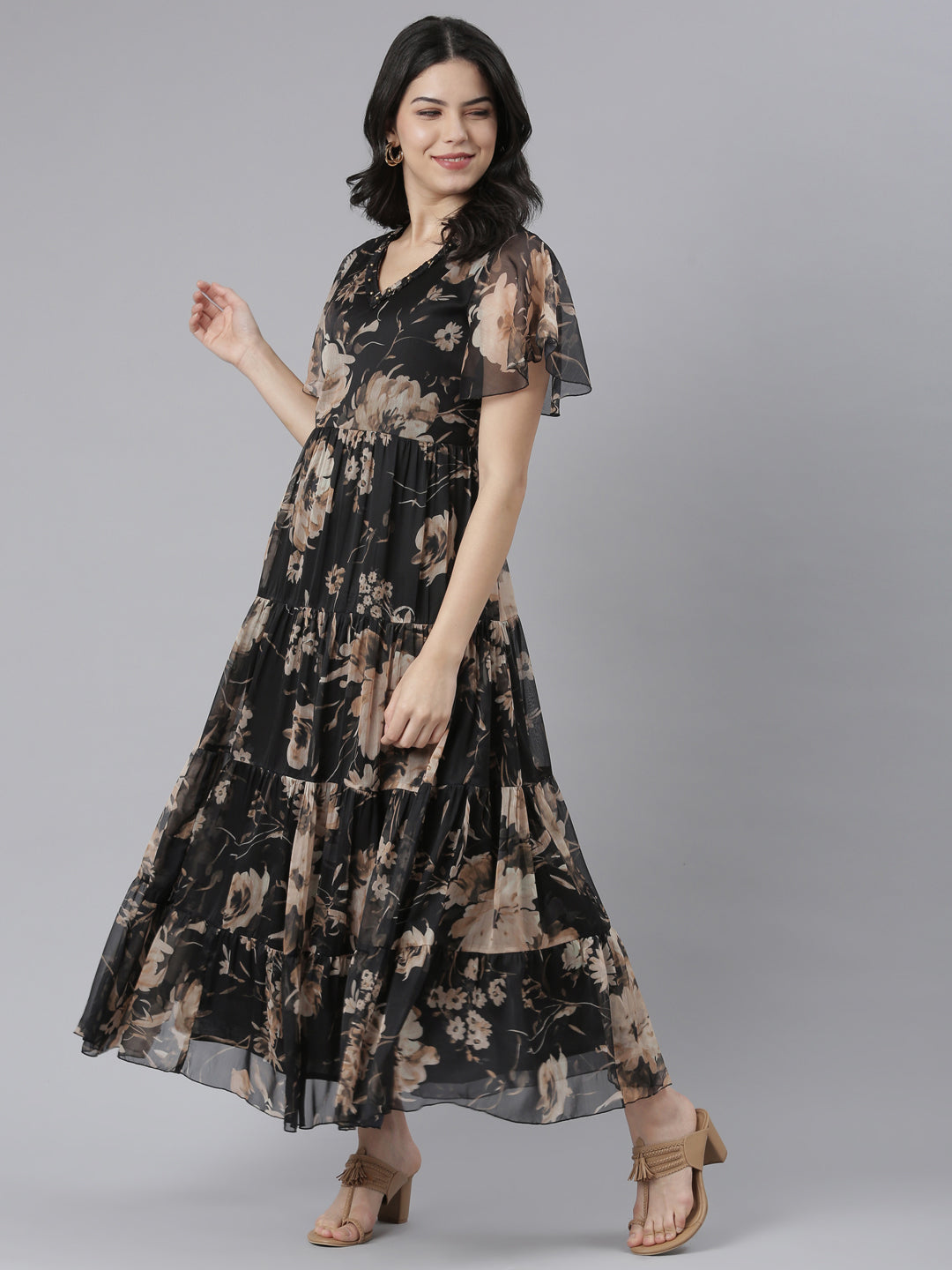 Neerus Black Flared Casual Floral Dresses