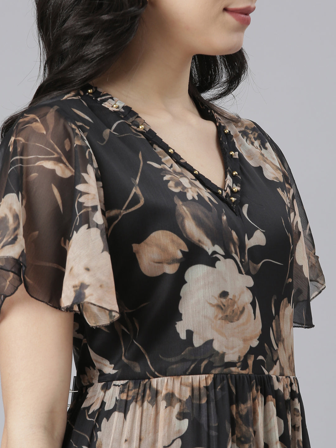 Neerus Black Flared Casual Floral Dresses