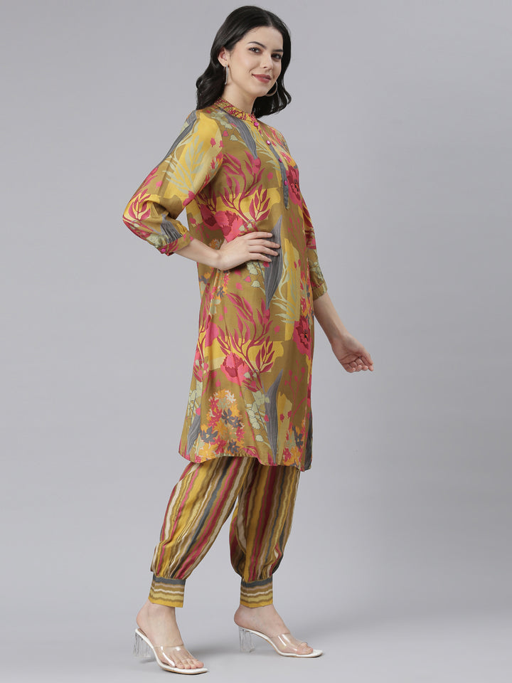 Neerus Green muslin printed kurta set - back view
