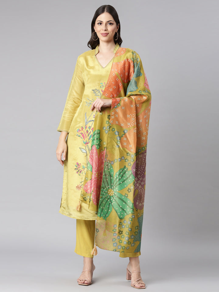 Neerus Green Embroidered Straight Kurta and Trousers With Dupatta