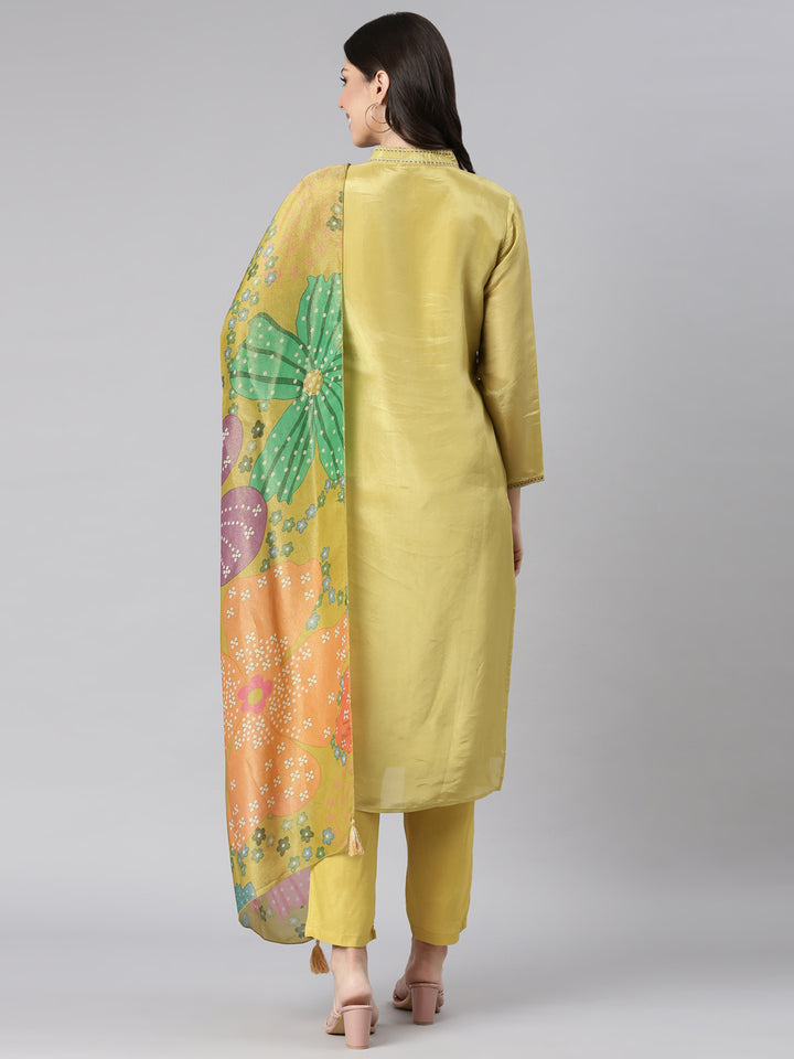 Neerus Green Embroidered Straight Kurta and Trousers With Dupatta