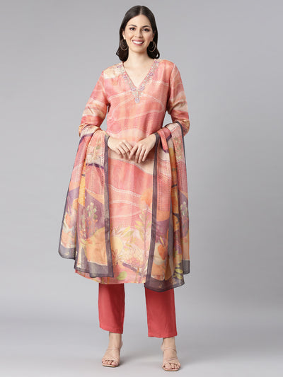 Neerus Orange Printed Straight Kurta and Trousers With Dupatta