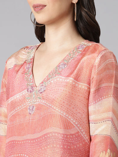 Neerus Orange Printed Straight Kurta and Trousers With Dupatta