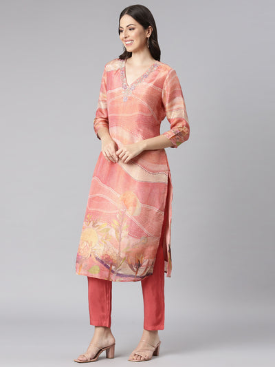 Neerus Orange Printed Straight Kurta and Trousers With Dupatta