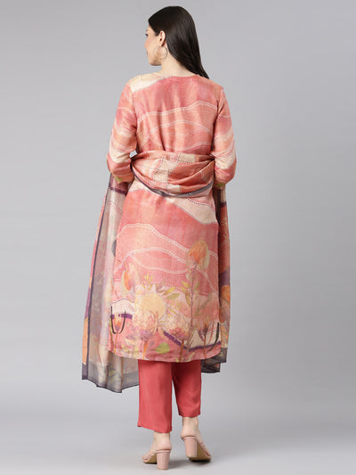 Neerus Orange Printed Straight Kurta and Trousers With Dupatta